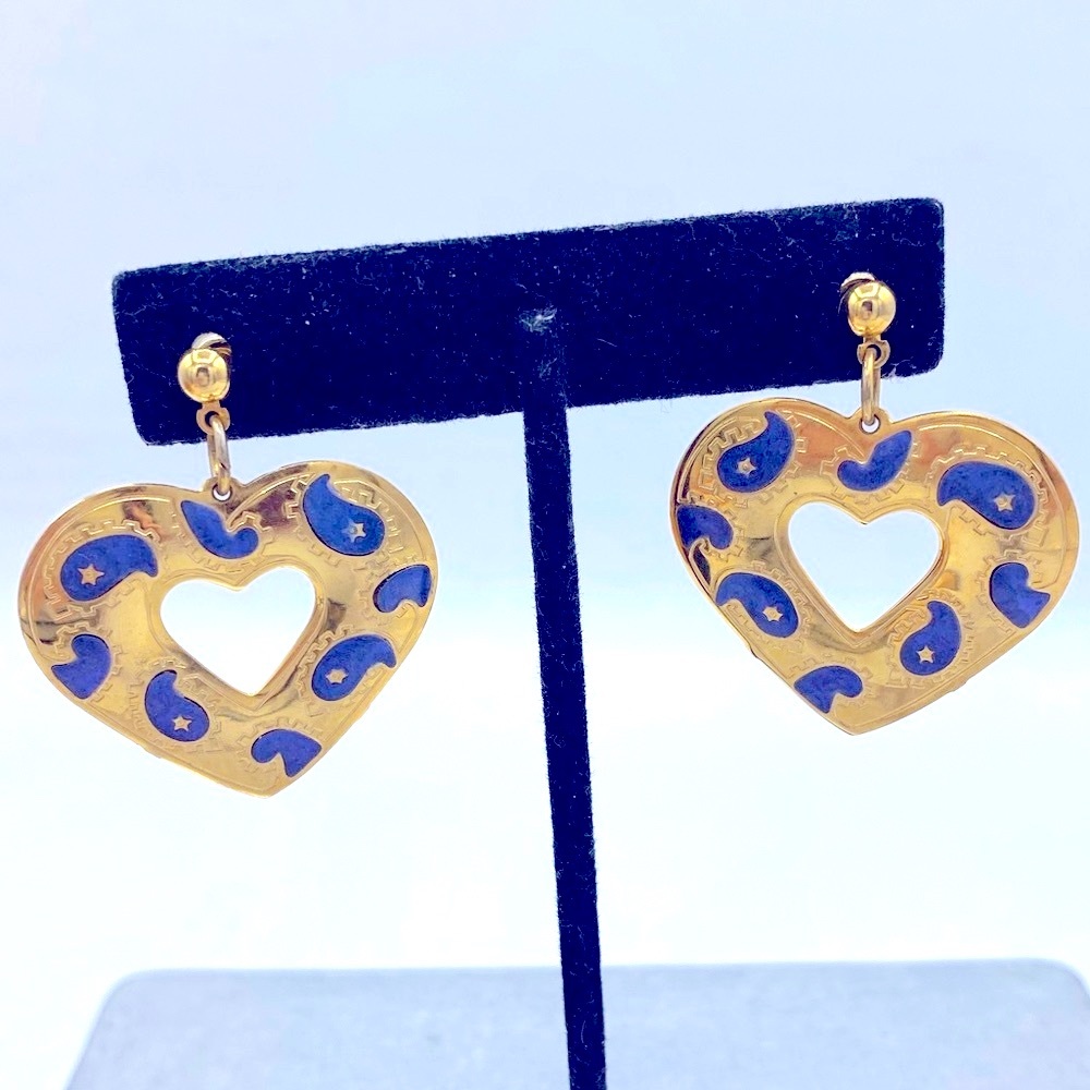 Vintage Gold Tone and Blue Enamel Paisley Design Heart Shape Pierced Earrings